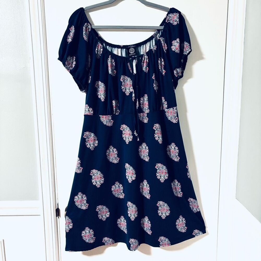 Bobeau 1X cottagecore peasant dress gathered neckline semi fitted A-line navy pa